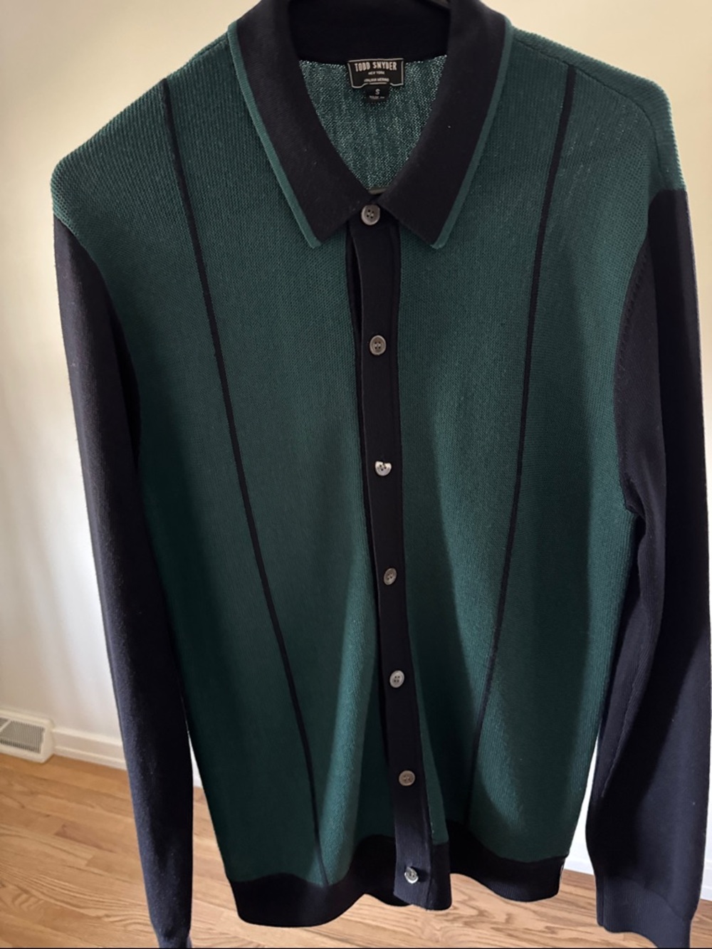 Todd Snyder Forest Green and Black Knit Polo Cardigan